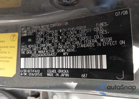 2008 Toyota Highlander Sport z USA, uszkodzony, nr VIN JTEDS43A282064057